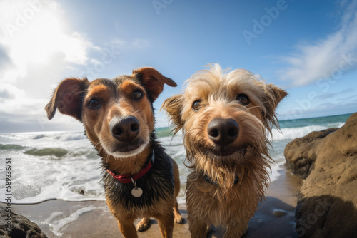 Dogs on the beach near the ocean. Generative AI