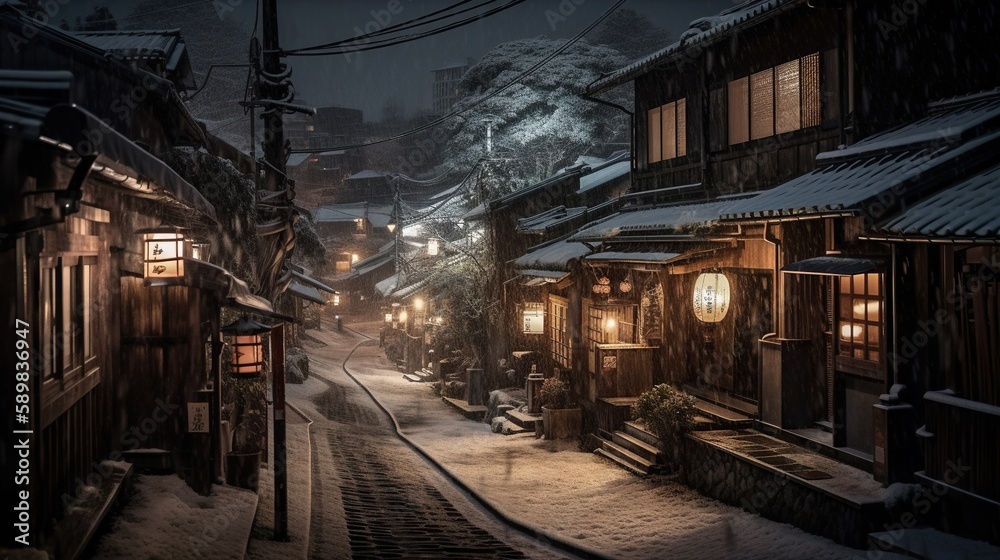 Imaginary view of old street under snow, AI generative winter view of Japan