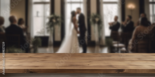 Empty wooden counter table top for product display with a wedding scene background. Generative ai