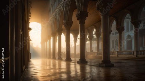 Italian architecture, arches in mist on sunrise, imaginary AI generative wallpaper © Friedbert