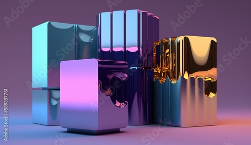 Glowing lights on blue, purple, and pink background, chromatic sculptural slabs style, sleek metallic finish, Cinema4D rendering, industrial design inspiration 16:9. Generative AI illustration photo