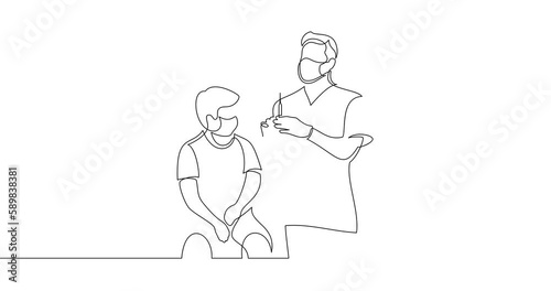 Animation of an image drawn with a continuous line. A doctor with a syringe prepares to vaccinate a boy. The scene in the hospital.
