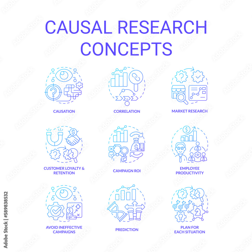 Causal research blue gradient concept icons set. Study market for business development idea thin line color illustrations. Isolated symbols. Roboto-Medium, Myriad Pro-Bold fonts used