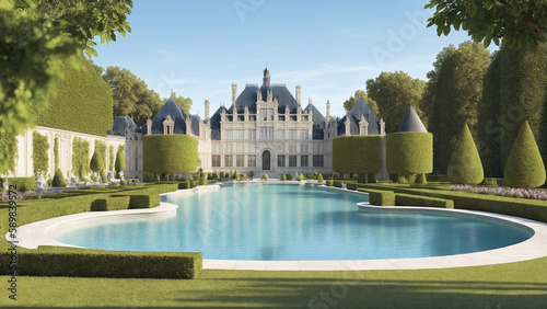  Illustration of a French Renaissance style Chateau by the lake on a spring day - AI Generated
