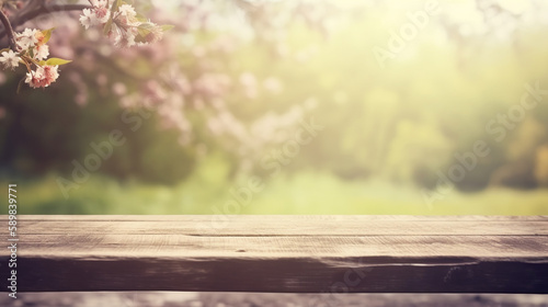 Blurred background of spring background an empty wooden board Generated AI