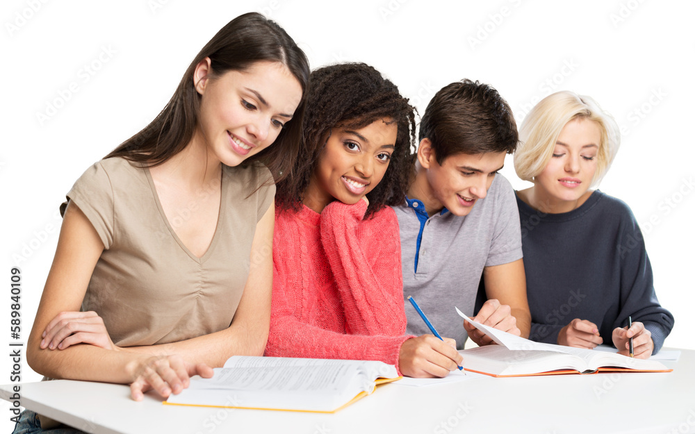Students writing notes isolated on white background Students writing notes isolated on white background