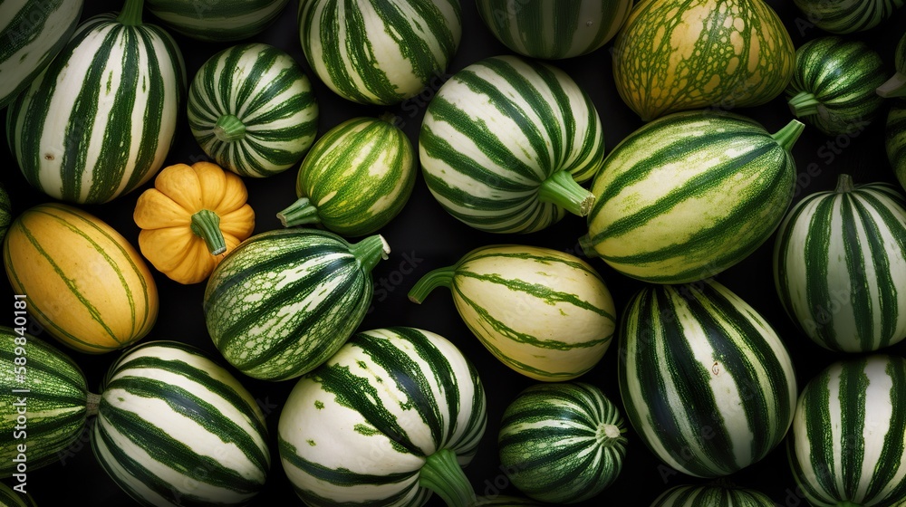 Striped squash, green and white, flat lay from above, top view, AI generative