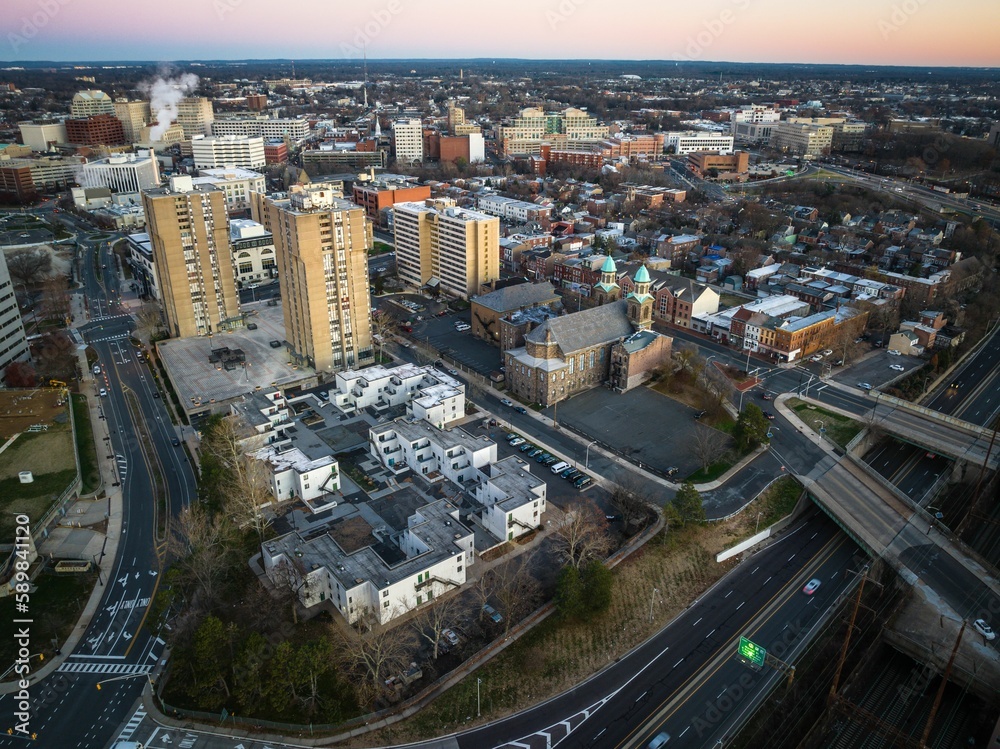 Aerial of the cityscape of Trenton with its residential buildings and highways in New Jersey