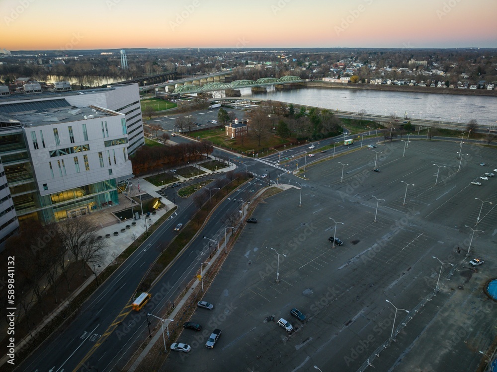 Fototapeta premium Aerial of the cityscape of Trenton displaying a big parking lot, Loudoun Station Parking Garage