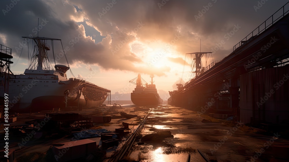 Abandoned shipyard, rusty damaged ships, cranes and mashinery, AI generative commercial dock, industrial landscape on sunset