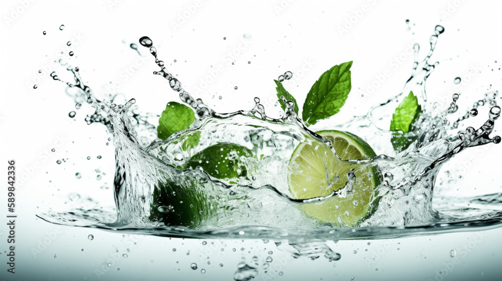 Fototapeta premium Water splash on white background with lime slices, mint leaves