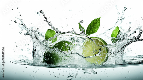 Water splash on white background with lime slices, mint leaves
