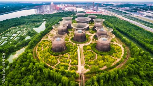 An engaging aerial shot of the eco-friendly power station, emphasizing the geometric patterns and contrast with surrounding greenery. photo