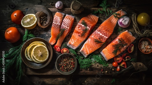 Top view of various salmon fish, dill, lemon slices and onion rings on rustic wooden table, AI generative