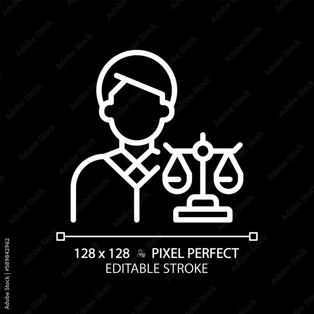 Attorney in law pixel perfect white linear icon for dark theme. Lawyer protecting client rights in court. Legal judgement. Thin line illustration. Isolated symbol for night mode. Editable stroke Attorney in law pixel perfect white linear icon for dark theme. Lawyer protecting client rights in court. Legal judgement. Thin line illustration. Isolated symbol for night mode. Editable stroke