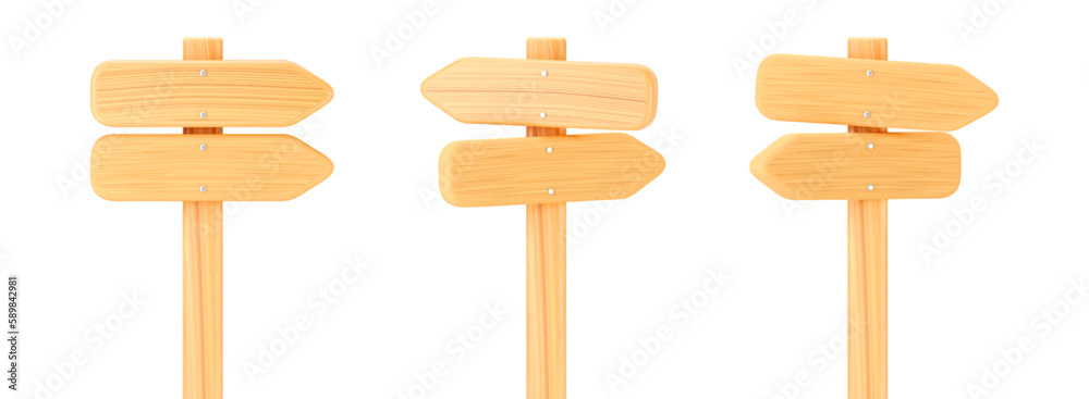 3d wooden arrow direction road signs set isolated on white background. Render of wood arrow crossroad sign for right direction and street, one way concept. 3d cartoon simple vector illustration 3d wooden arrow direction road signs set isolated on white background. Render of wood arrow crossroad sign for right direction and street, one way concept. 3d cartoon simple vector illustration