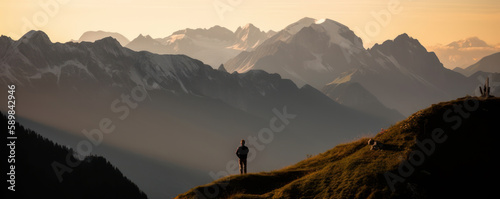 Man in silhouette, his eyes fixed on the gigantic mountains that surround him. From the Lake of Peyre, the French Alps' Mont Blanc mountains at sunrise. Generative AI