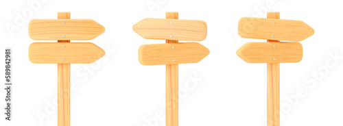 3d wooden arrow direction road signs set isolated on white background. Render of wood arrow crossroad sign for right direction and street, one way concept. 3d cartoon simple vector illustration
