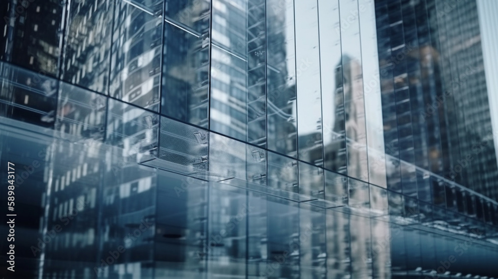 Background of future urban and corporate architecture. Real estate idea with bokeh, motion blur, and a reflection in a glass panel of a skyscraper facade Generated AI