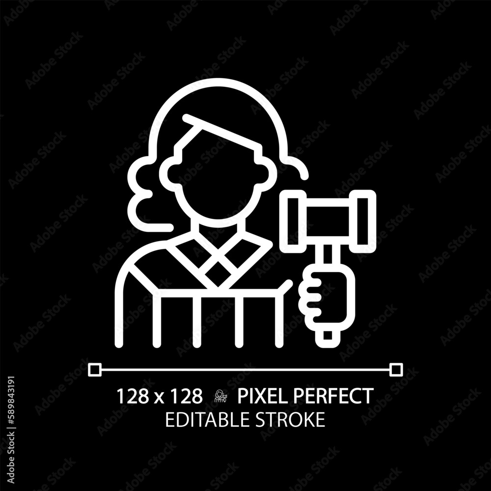 Judge pixel perfect white linear icon for dark theme. Case deciding in law court. Legislative system presentant. Judgement. Thin line illustration. Isolated symbol for night mode. Editable stroke