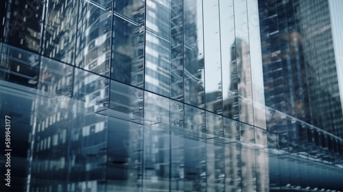 Background of future urban and corporate architecture. Real estate idea with bokeh  motion blur  and a reflection in a glass panel of a skyscraper facade Generated AI