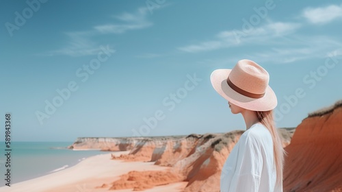 Young woman tourist in a summer outfit and hat is enjoying a leisurely stroll on the beach. The perfect summer day for an outdoor adventure, AI generative. © Friedbert