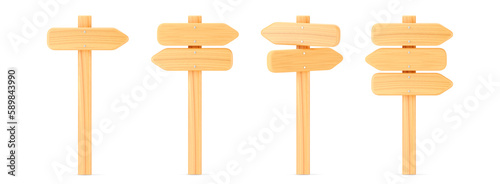 3d wooden arrow direction road signs set isolated on white background. Render of wood arrow crossroad sign for right direction and street, one way concept. 3d cartoon simple vector illustration