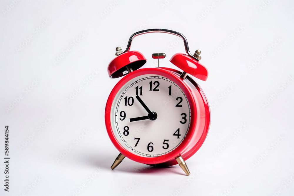 Red alarm clock on a white background with copy space. Created with Generative AI Technology Red alarm clock on a white background with copy space. Created with Generative AI Technology