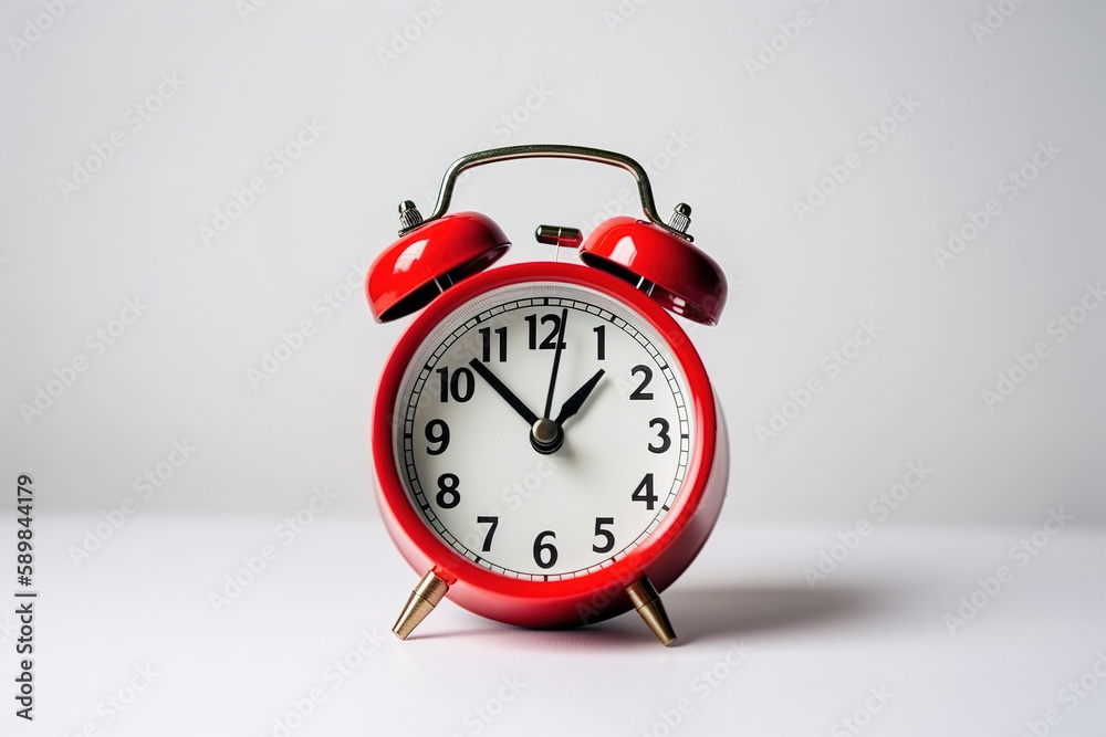 Red alarm clock on a white background with copy space. Created with Generative AI Technology Red alarm clock on a white background with copy space. Created with Generative AI Technology