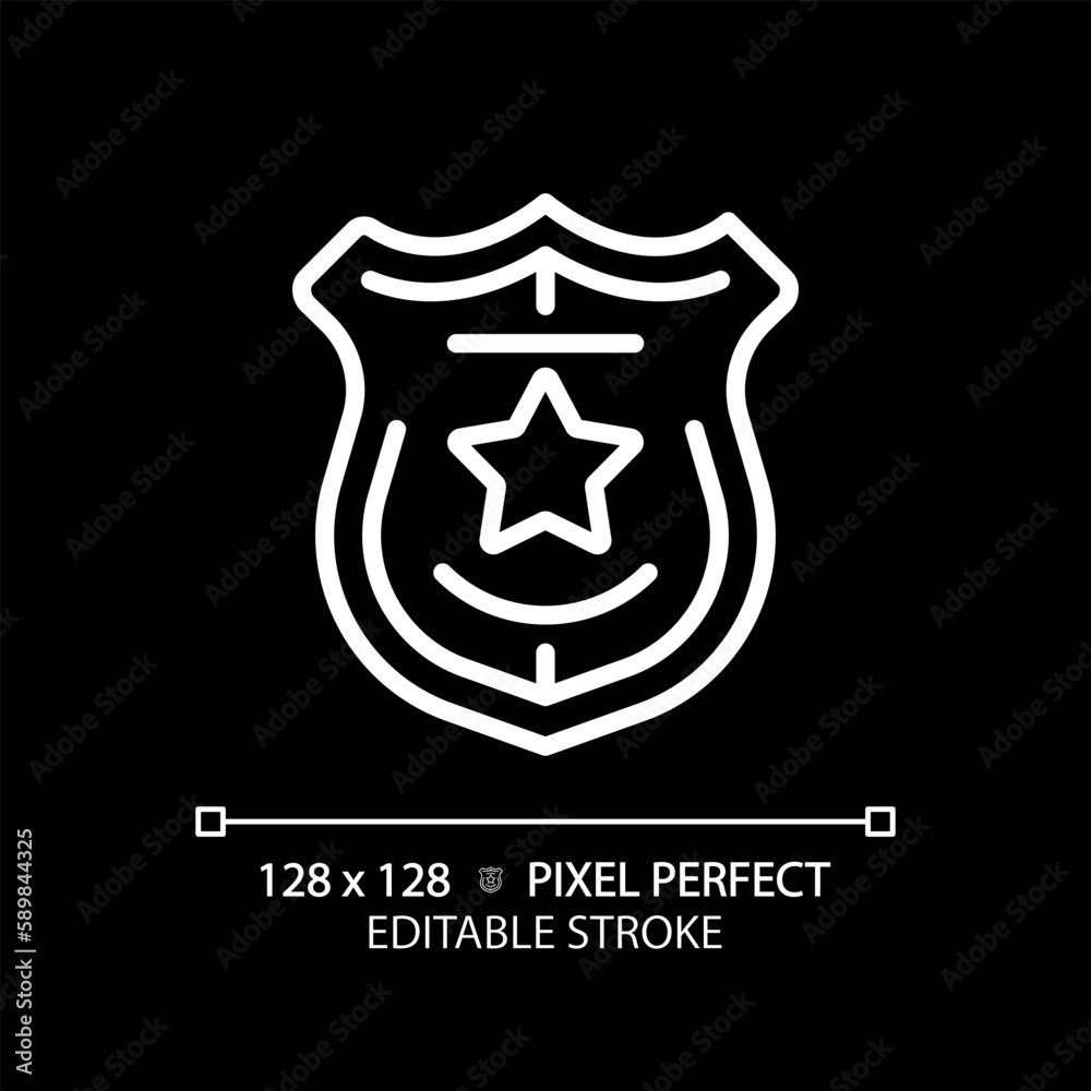 Law enforcement pixel perfect white linear icon for dark theme. Police department service. Activity for citizens protection. Thin line illustration. Isolated symbol for night mode. Editable stroke