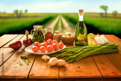 Wooden table full of vegetables on a farm, clear sky in summer, harvest and abundance, Illustration created with generative AI tools.
