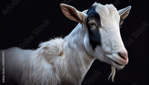 Portrait of a white goat closeup on a black background. Generative Ai