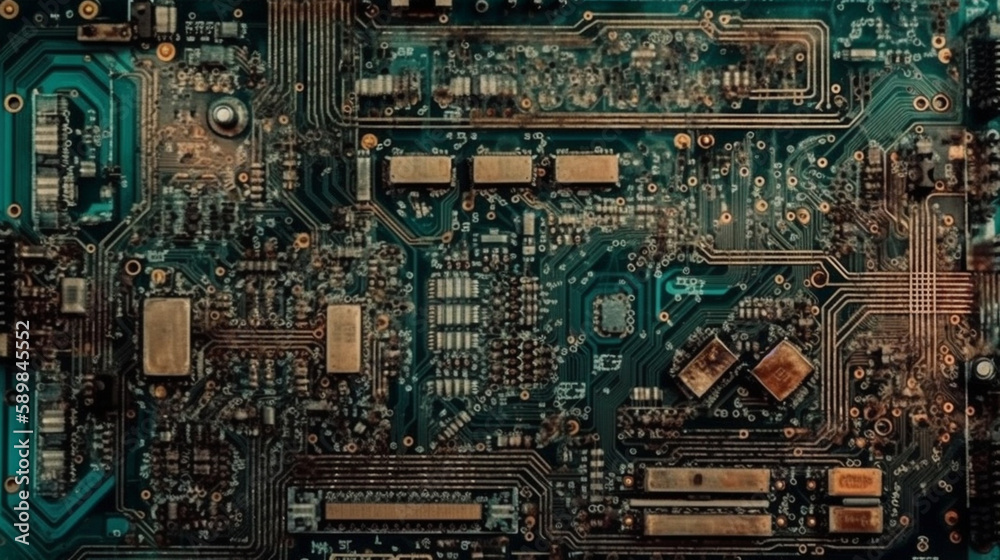 Electronic circuit board close up. top view Generated AI