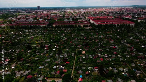 Aerial cityscape of small urban gardens Kleingarten plots in Schoneberg Berlin Germany photo