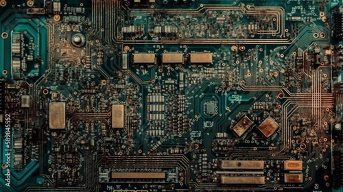 Electronic circuit board close up. top view Generated AI