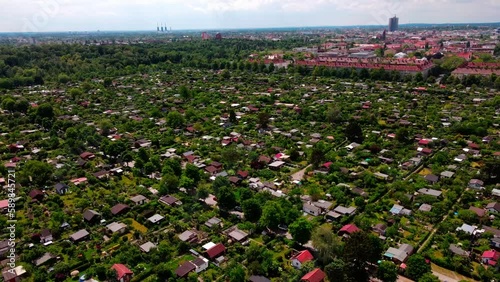 Aerial cityscape of small urban gardens Kleingarten plots in Schoneberg Berlin Germany photo