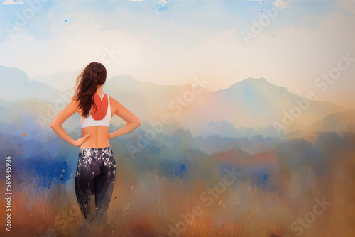 Young healthy girl doing a set of exercises outdoors, watercolor drawing. Unrecognizable face. Generative AI.
