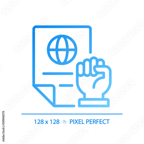 Rights protecting law pixel perfect gradient linear vector icon. International agreement of people safety. Documents. Thin line color symbol. Modern style pictogram. Vector isolated outline drawing