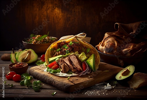 Grilled shawarma meat and avocado on wooden board. Generative AI