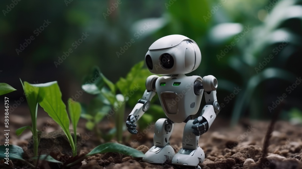 Cute robot tending flowers in a garden. Earth day concept of ai and technology helping environment generative ai Cute robot tending flowers in a garden. Earth day concept of ai and technology helping environment generative ai