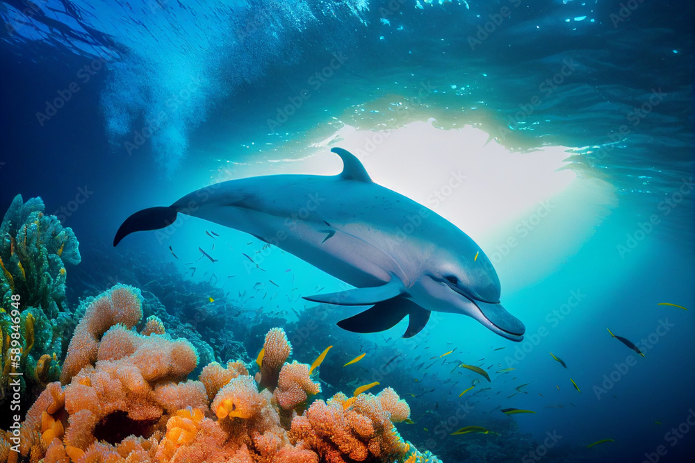 Fototapeta premium dolphin under water on the background of coral reefs Coral by Generative Ai