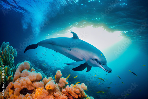 dolphin under water on the background of coral reefs Coral by Generative Ai © goku99