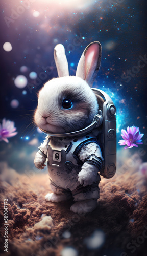 A cute baby rabbit astronaut in space with floral and space background. Generative AI technology. © Happy Prompt
