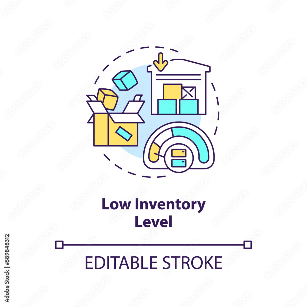 Low inventory level concept icon. More space. Lean manufacturing. Stock turnover abstract idea thin line illustration. Isolated outline drawing. Editable stroke. Arial, Myriad Pro-Bold fonts used Low inventory level concept icon. More space. Lean manufacturing. Stock turnover abstract idea thin line illustration. Isolated outline drawing. Editable stroke. Arial, Myriad Pro-Bold fonts used