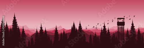 pine tree sunset silhouette nature landscape outdoor vector illustration good for wallpaper, background, backdrop, banner, and design template
