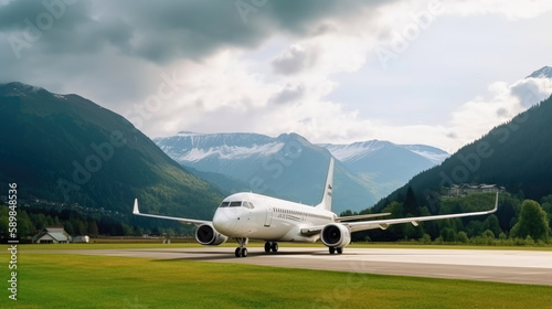 White passenger airplane at the airport on the background of high scenic mountains. Generative AI