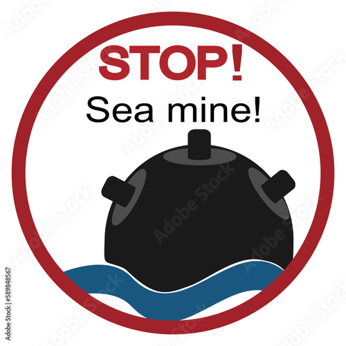Anti-ship mine in the Sea. Danger sign. War. Vector illustration