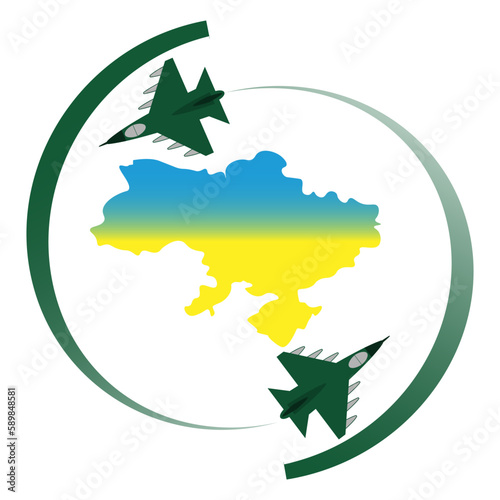 Image of Ukraine and air defense over it. Victory sign.
Fighters over Ukraine. Vector illustration