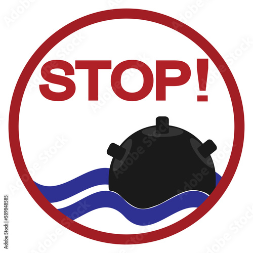Anti-ship mine in the Sea. Danger sign. War. Vector illustration