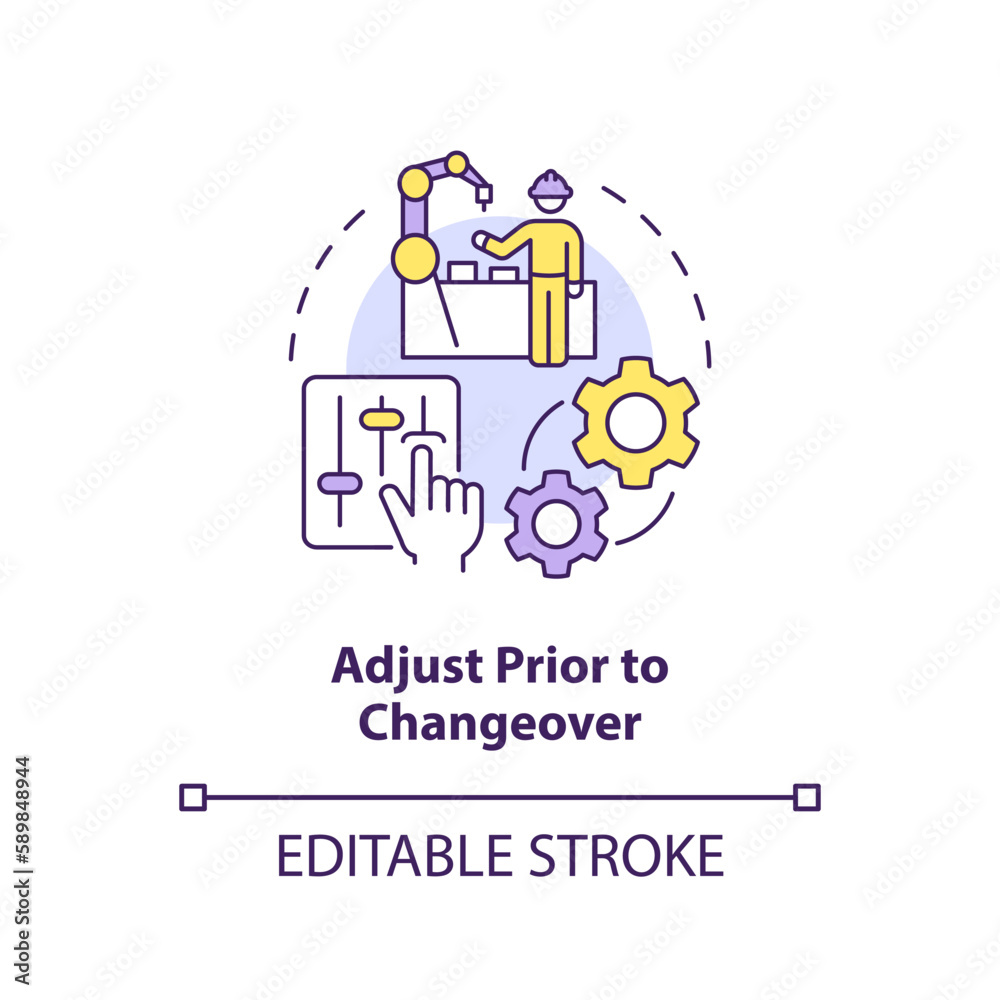 Adjust prior to changeover concept icon. Production process improvement abstract idea thin line illustration. Isolated outline drawing. Editable stroke. Arial, Myriad Pro-Bold fonts used Adjust prior to changeover concept icon. Production process improvement abstract idea thin line illustration. Isolated outline drawing. Editable stroke. Arial, Myriad Pro-Bold fonts used